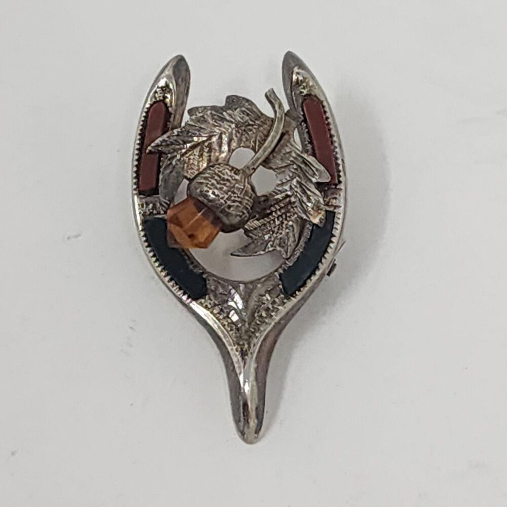 Vintage Victorian Sterling Silver Acorn Leaf Brooch Pin Orange Glass Floral